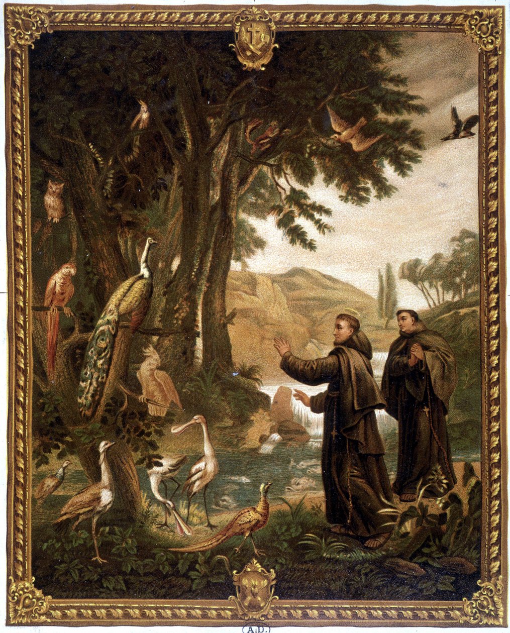 Sv. František z Assisi mluví s ptáky – chromo z 19. století reprodukující obraz z 18. století. od Unknown artist