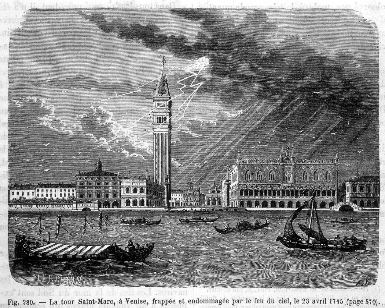 Věž svatého Marka v Benátkách zasažena a poškozena požárem oblohy dne 23. dubna 1745 - v „The wonders of science““ od Louise Figuiera od Unknown artist