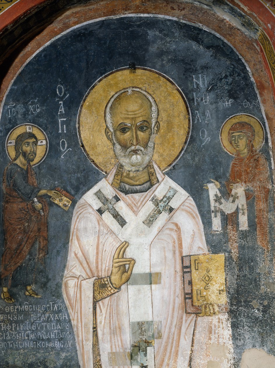 Svatý Mikuláš z Myry, freska (12. století), kostel Ayios Nikolaos tis Steyis (Svatý Mikuláš ze střechy) (11. století) (Seznam světového dědictví UNESCO, 2001), pohoří Troodos, Kypr od Unknown artist