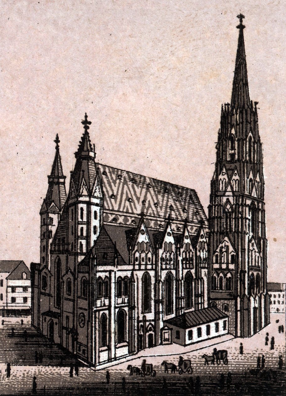 Katedrála svatého Štěpána (St. Stephen nebo Stephansdom nebo St. Stephane nebo St. Stephan Kirche) ve Vídni v Rakousku (Vídeň) v „Svět ilustruje 168 pohledů“ Nedatováno (konec 19. století) od Unknown artist