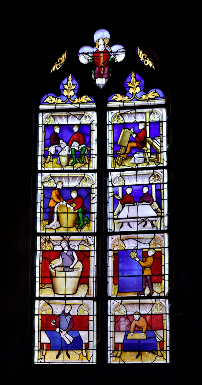 Barevné okno zobrazující výrobu látky, polovina 15. století - Chapelle Saint Blaise (Saint Blaise) kostela Collegiale Lady of Semur-en-Auxois (Notre Dame de Semur en Auxois), Burgundsko od Unknown artist