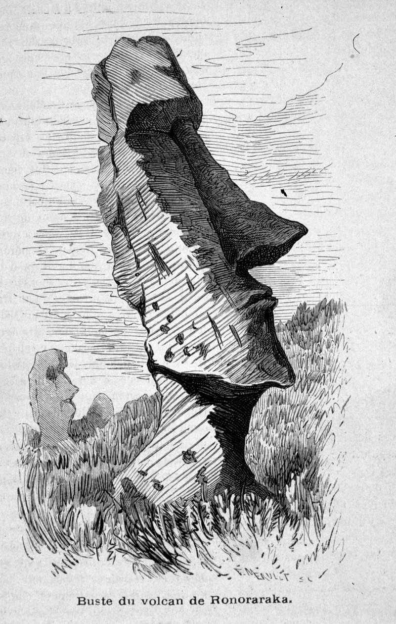 Socha umístěná na svahu sopky Ronoraraka na Velikonočním ostrově (Rapa Nui). od Unknown artist