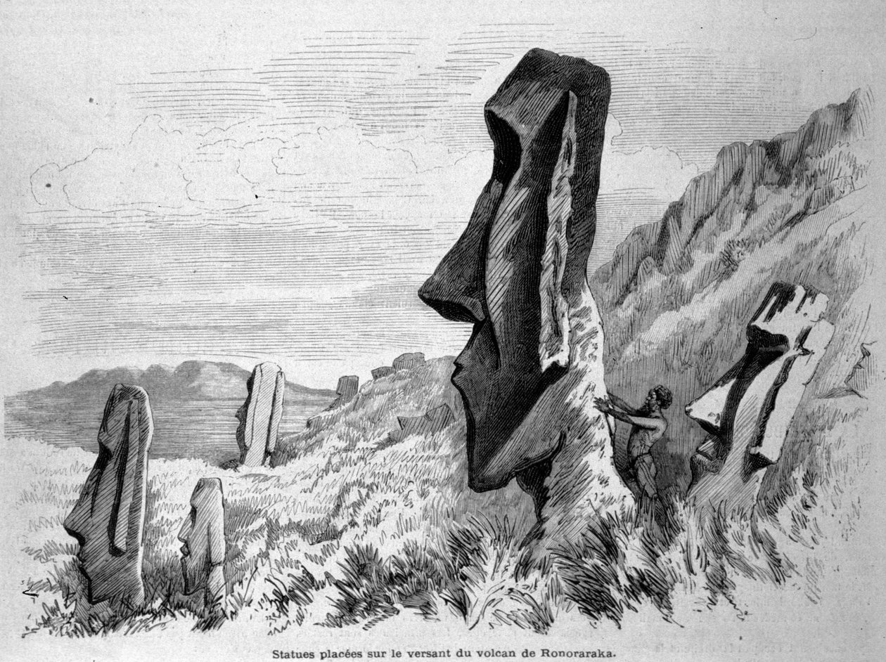 Sochy umístěné na svahu sopky Ronoraraka na Velikonočním ostrově (Rapa Nui). Rytina 1871. od Unknown artist