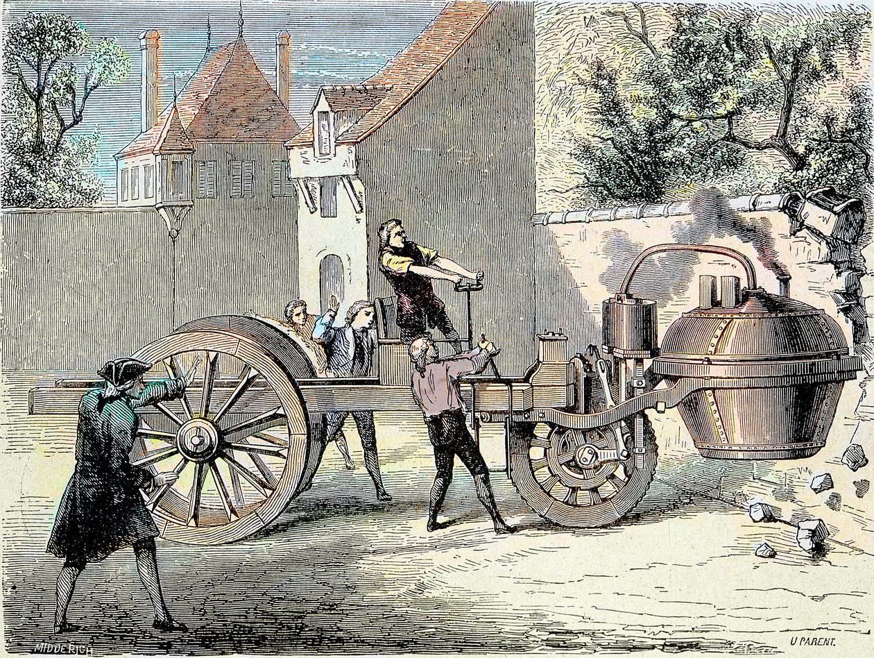 Parní auto vynalezené Nicolasem Josephem Cugnotem (1725-1804), které se v roce 1770 vymklo kontrole a srazilo část zdi (první hlášená „autonehoda“) – v „Album de la Science; proslulí vědci; Velké objevy““ 1896 od Unknown artist