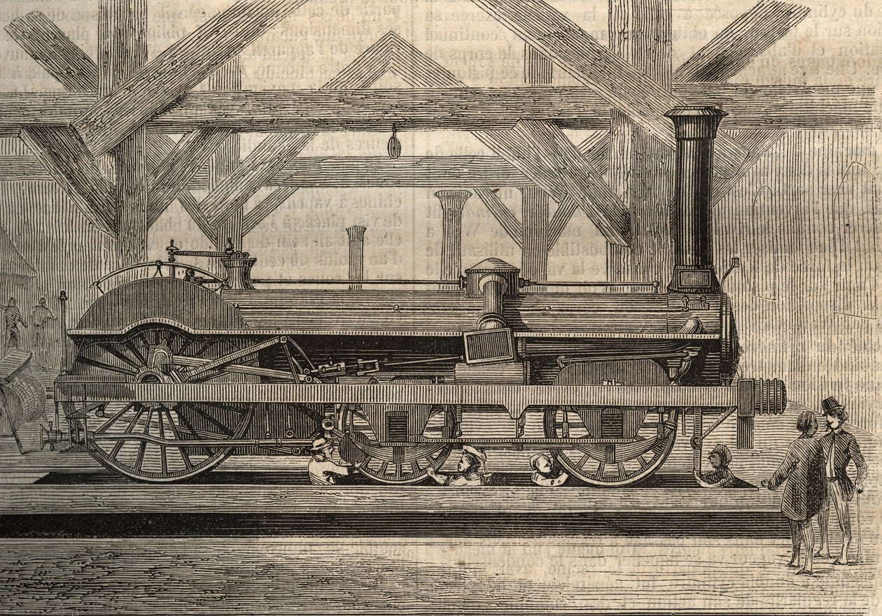Model parní lokomotivy, systém Crampton pojmenovaný Thomas Russell Crampton (1816-1888). Rytina z roku 1856. od Unknown artist