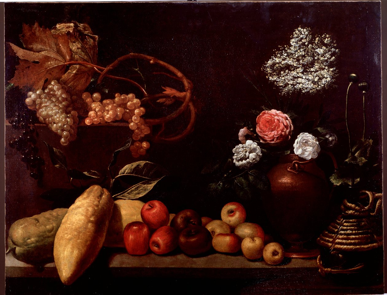 Zátiší s růžemi, keřovými květinami, citrony a hrozny (malba od Unknown artist