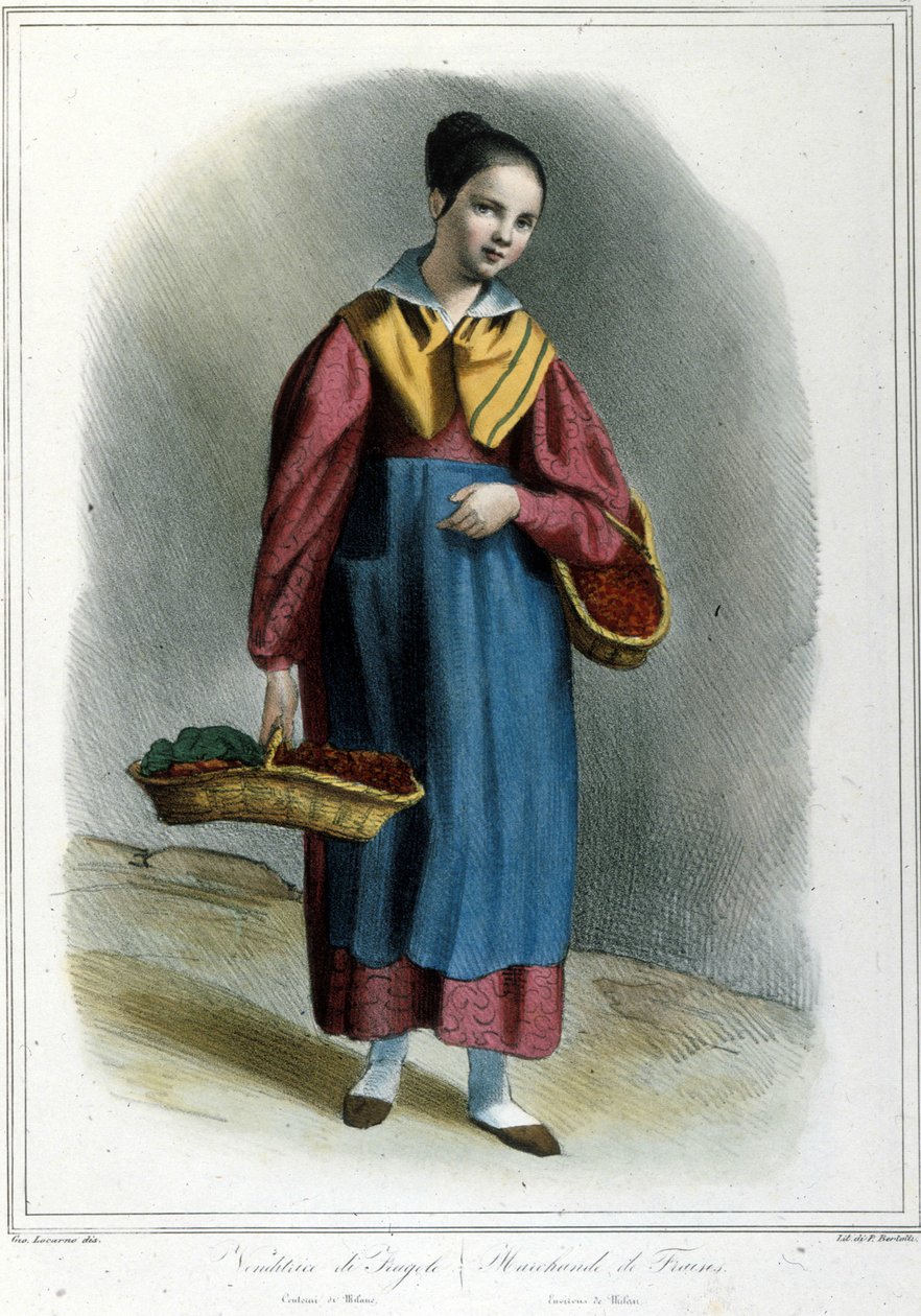 Prodavačka jahod. Rytina z "" Milánský kostým z Locarna (Milánský kostým z Locarna) "" od Unknown artist