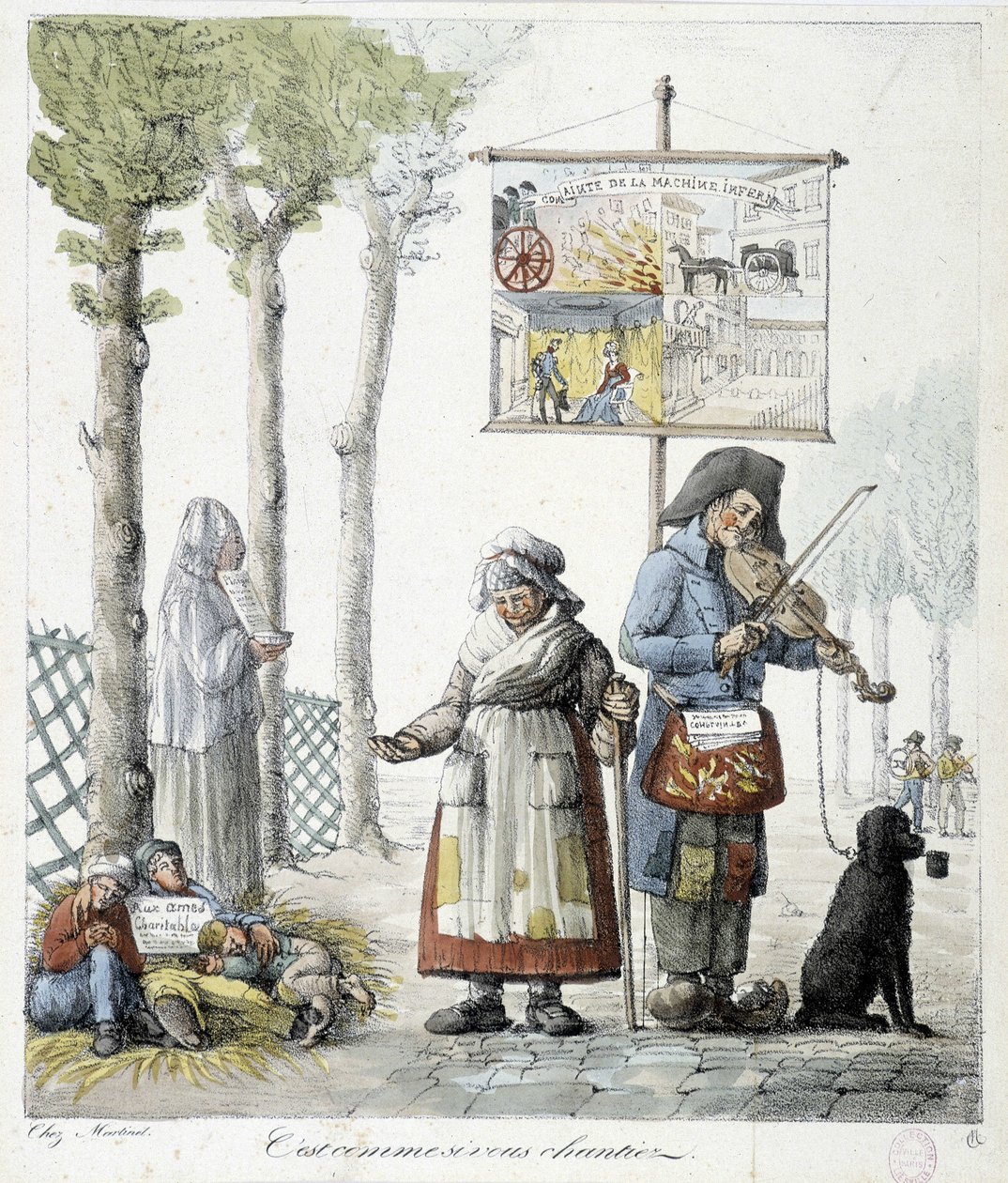 Pouliční hudebníci, žebrající děti - litografie od Unknown artist