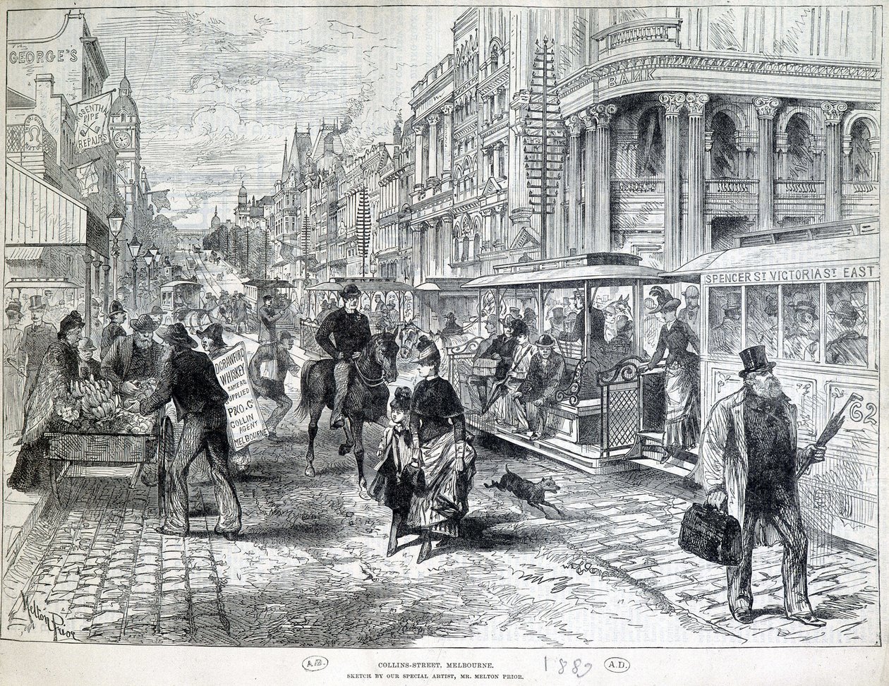 Pouliční scény, Collins Street v Melbourne v roce 1889. od Unknown artist