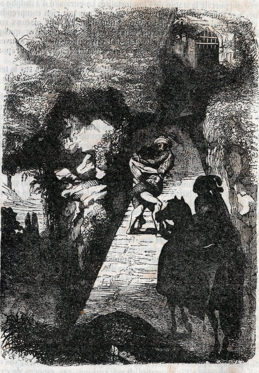 Zápas mezi Rolandem a Rodomontem – rytina z roku 1851 z „“Zuřivého Rolanda““ (Orlando furioso) (16. století) od Ludovica Ariosta, známého jako Ariosta – vydání přeložené z italštiny hrabětem z Tressanu a vydané Gustavem Harvardem 1851 od Unknown artist