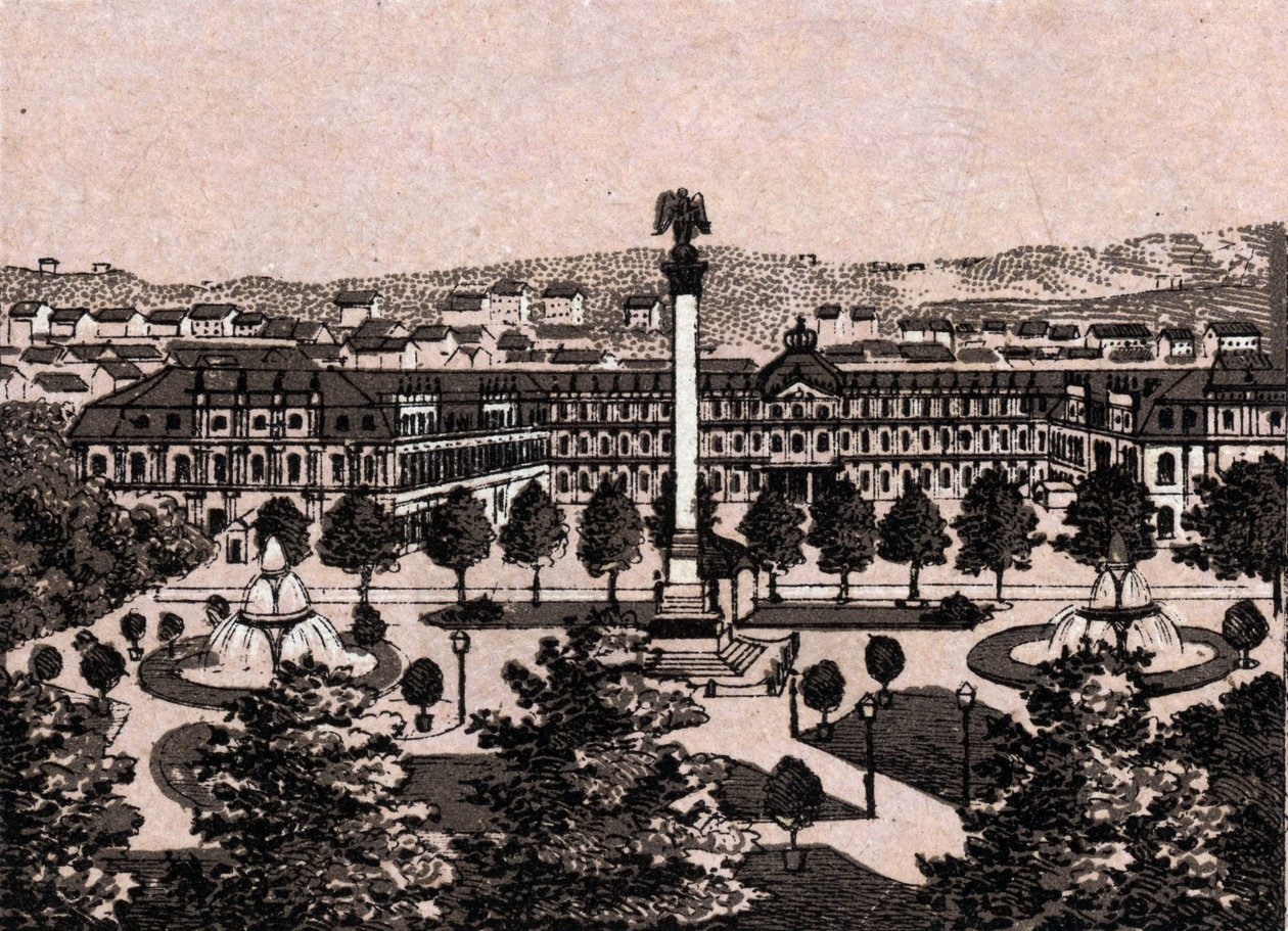 Stuttgart, Německo: pohled na nový zámek (New Castle). v „“ Svět ilustruje 168 pohledů““ Nedatováno (konec 19. století) od Unknown artist