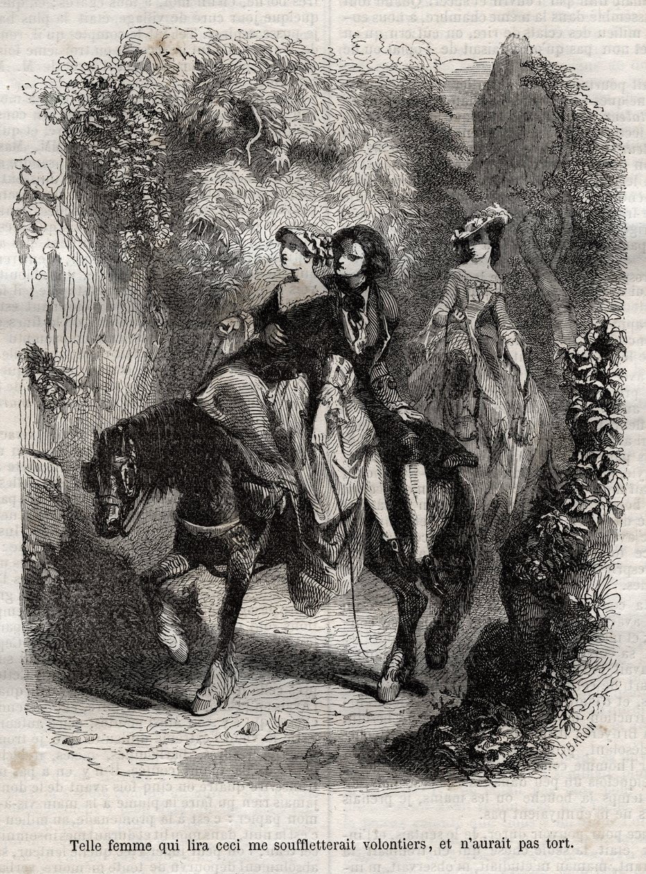 Taková žena, která by to četla, by mě s radostí vyhodila a nemýlila by se. - Ilustrace pro „“vyznání“ od Jean-Jacquese (Jean Jacques) Rousseau (1712-1778) - rytina z roku 1849 od Unknown artist
