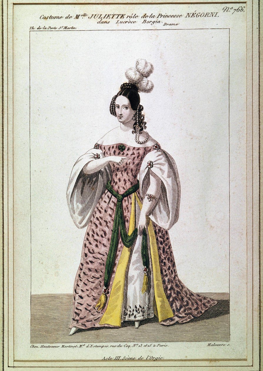 Oblek slečny Juliette Drouetové pro roli princezny Negroni ve filmu Victora Huga „Lucrece Borgia“. Rytina 19. století. od Unknown artist