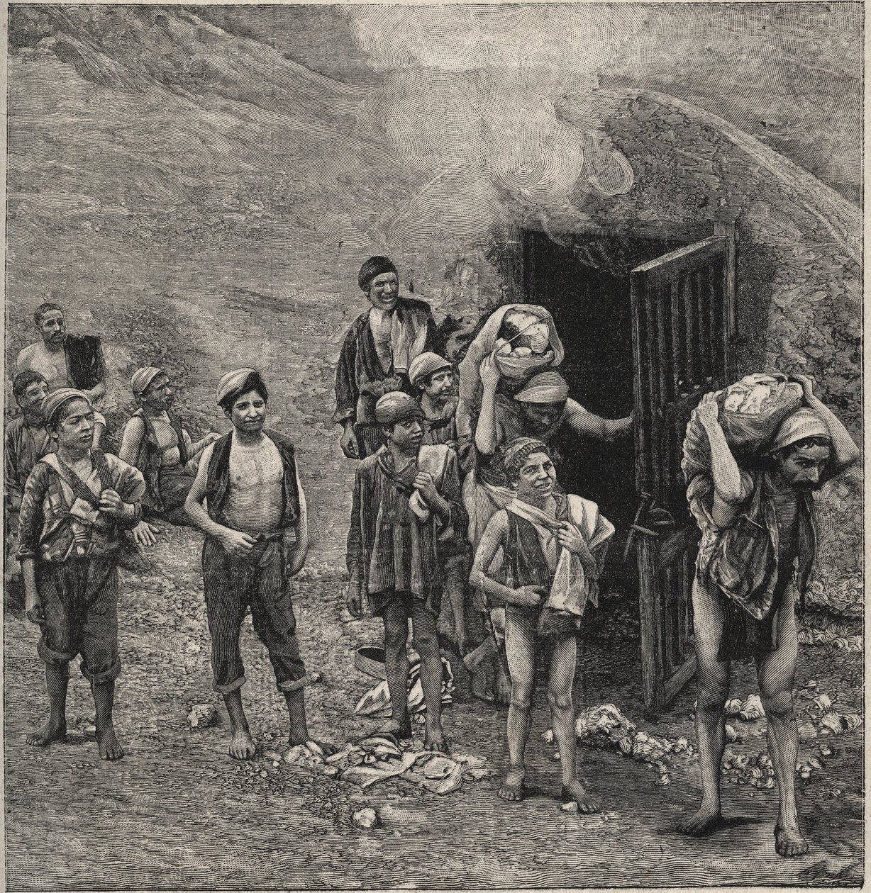 Těžba síry (Zolfara) na Sicílii, kresba od Unknown artist
