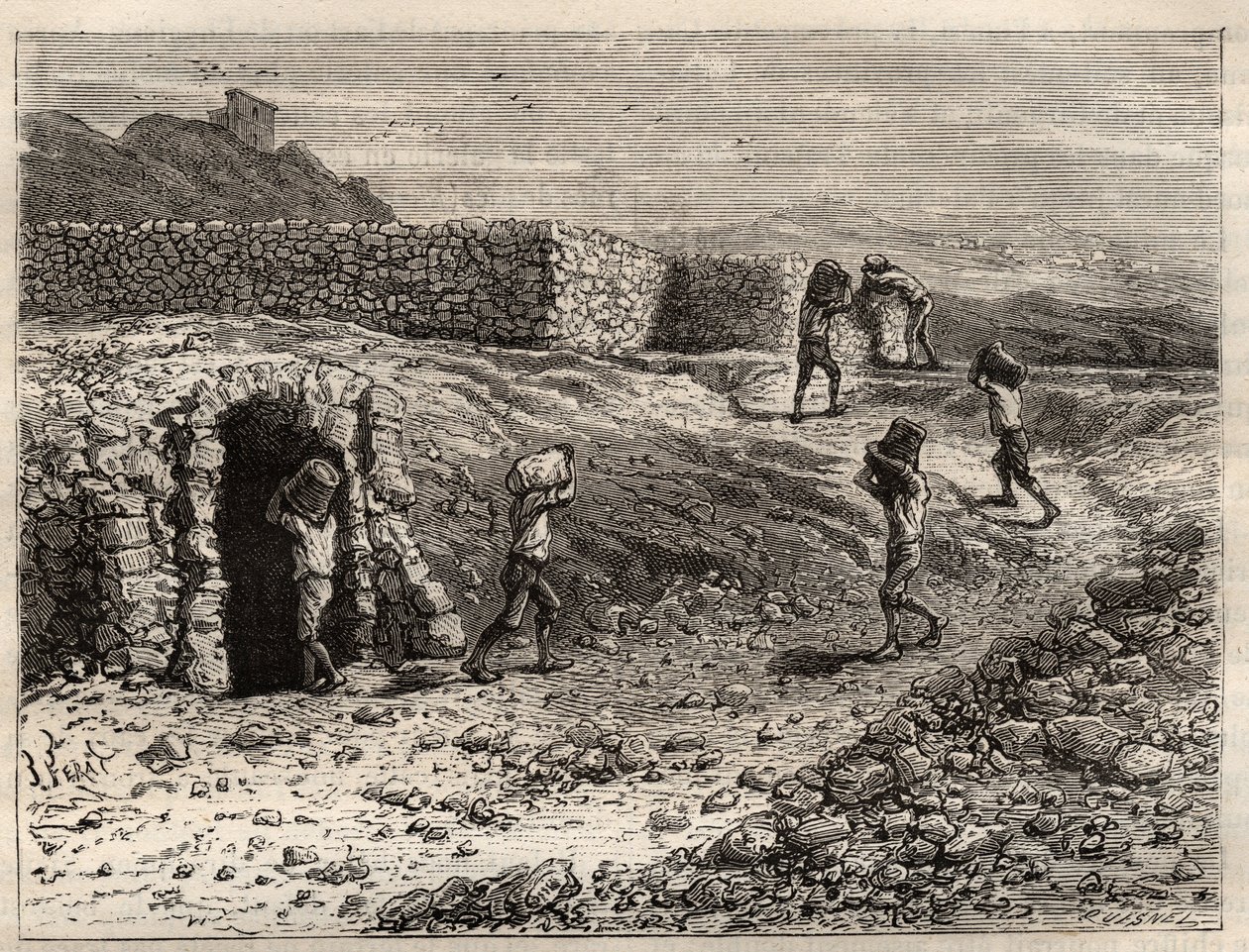 Sulphur – sirný důl v Girgenti na Sicílii – rytina „Les Merveilles de l