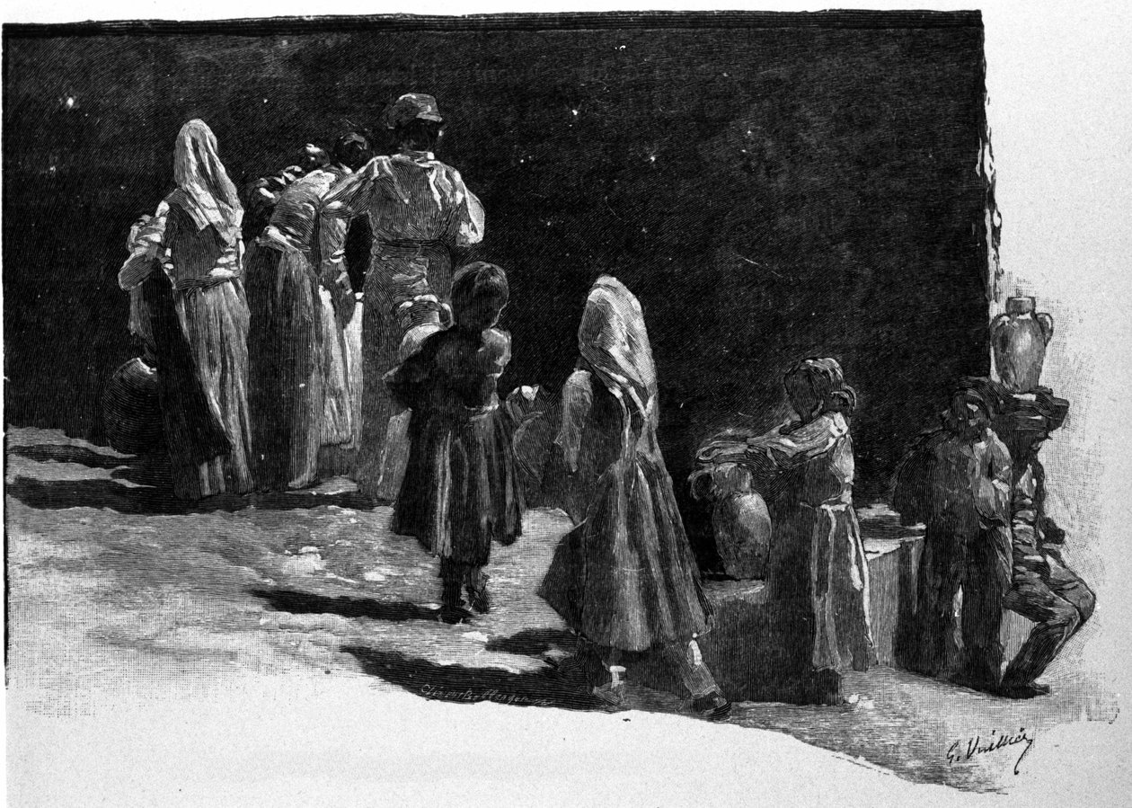 Pověra: rozjímání o hvězdách obyvateli vesnic na Sicílii. Rytina 19. století od Unknown artist