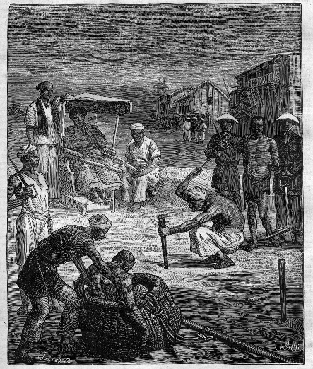 Supplice of two Pirates at Tonkin - The Tonkin Pirate - ilustrace k románu Pierra Maela (Charles Causse a Charles Vincent), rytina v „“ journal des voyages“““ 1884 od Unknown artist