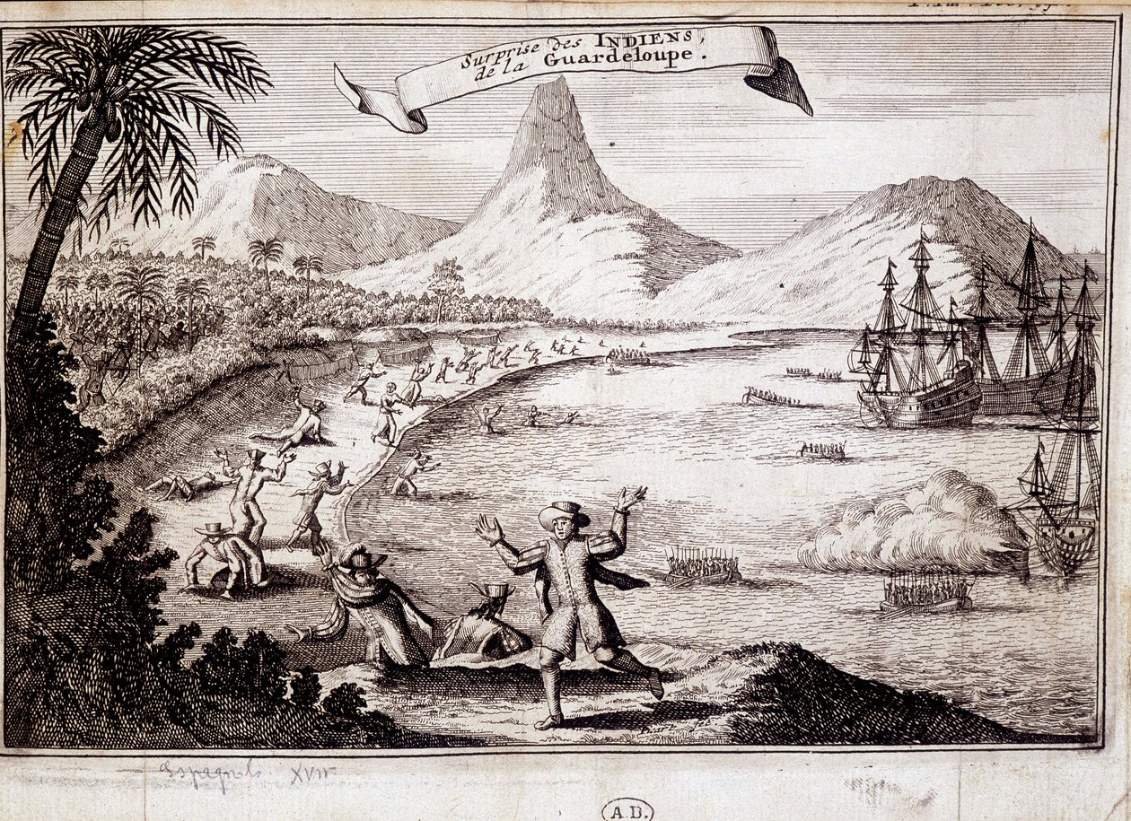 Překvapení indiánů při vylodění Kryštofa Kolumba na Guadeloupe (karavely) - rytina od Unknown artist