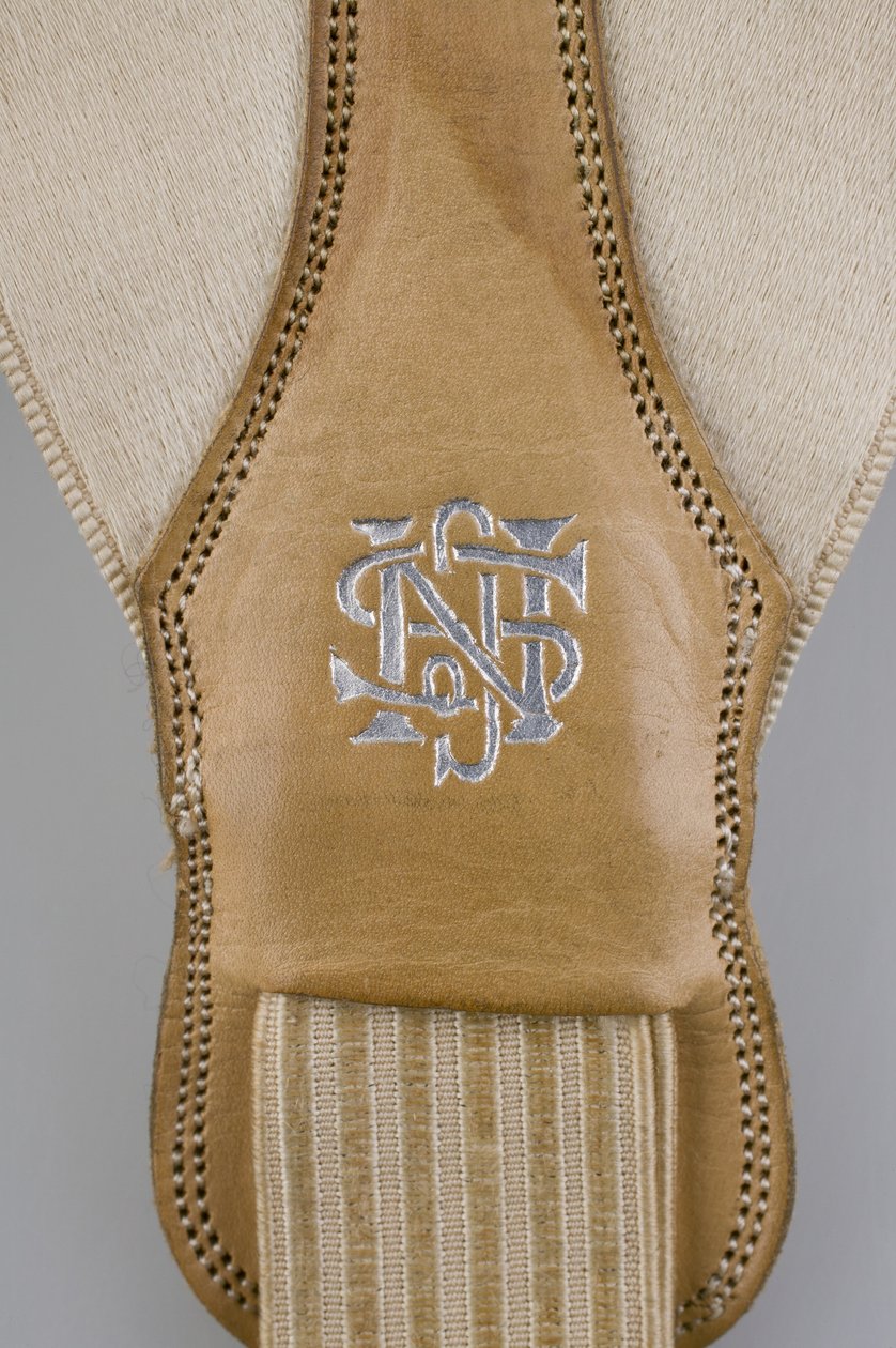 Podvazky, cca 1880 (detailní pohled), vyšívaný bílý satén, kůže, stříbro, výrobce neznámý od Unknown artist