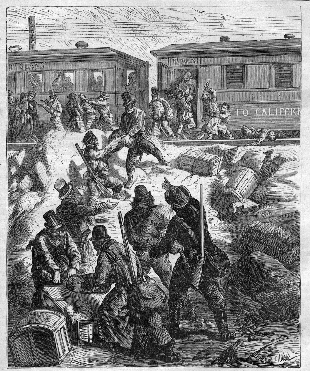 ÚTOK VLAKU DÁLKÉHO ZÁPADU - Pacifická železnice - vlak napadený maskou lupičů - rytina 1887 od Unknown artist
