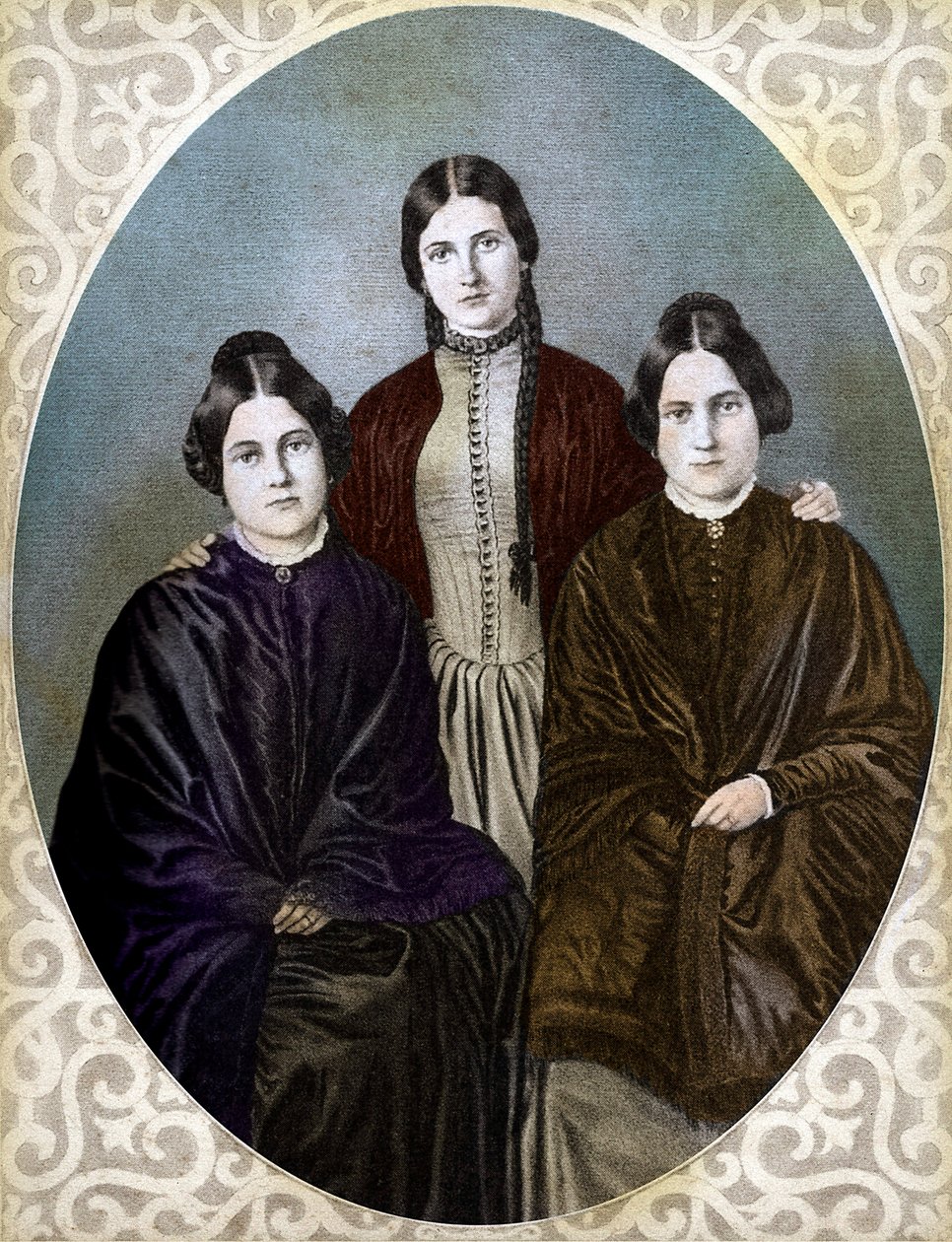 LIŠKOVÉ SESTRY Margaretta, Kate a Leah jsou průkopnicemi spiritualistů (Fox Sisters: zleva doprava: Margaret nebo Maggie (1837-1893), Kate (1828-1892) a Leah (1814-1880), průkopnice spiritualismu a spiritualismu od Unknown artist