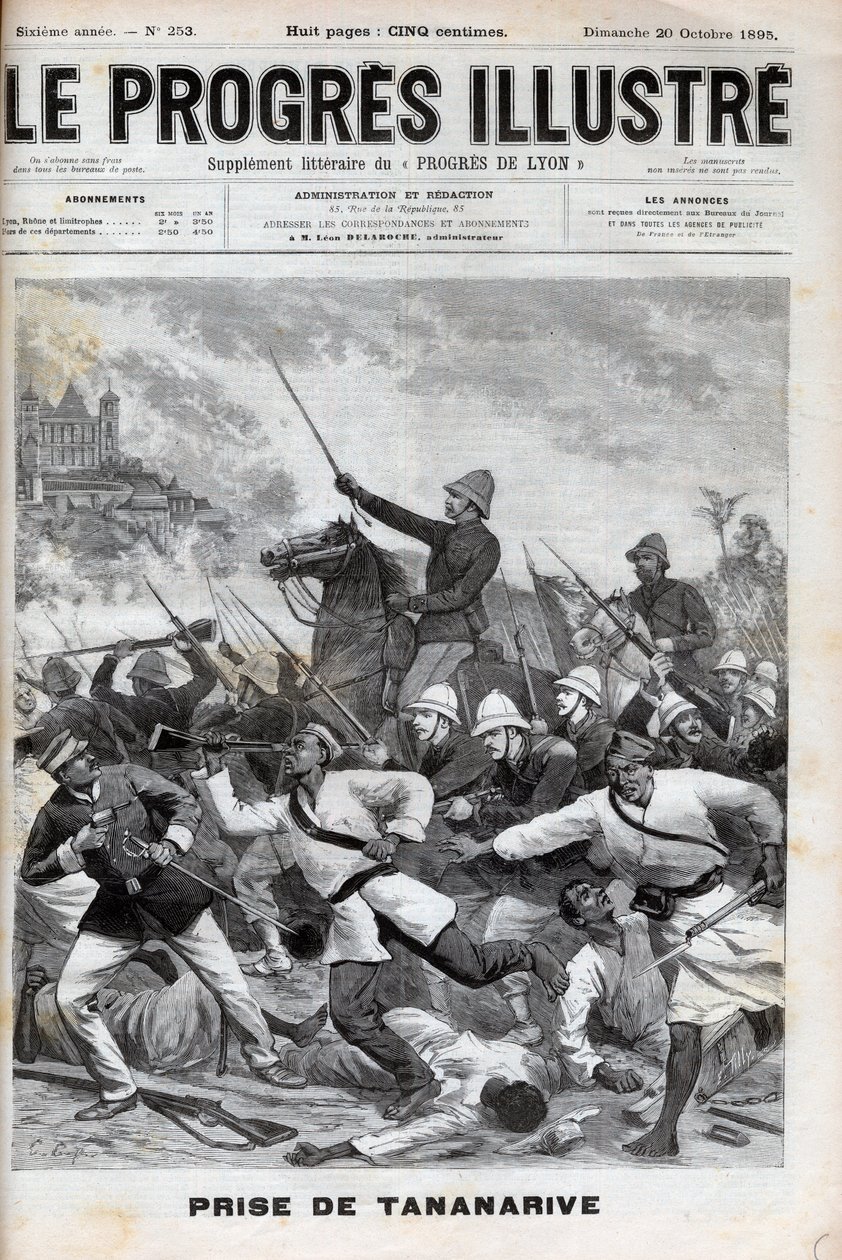 Obsazení Antananariva - Francouzská armáda napadla Antananarivo 1895 - Conquete de Madagaskar. - dobytí Tananarive francouzskými expedičními silami dne 30. září 1895 - rytina „“ Le Progres illustrious““ z roku 1895 od Unknown artist