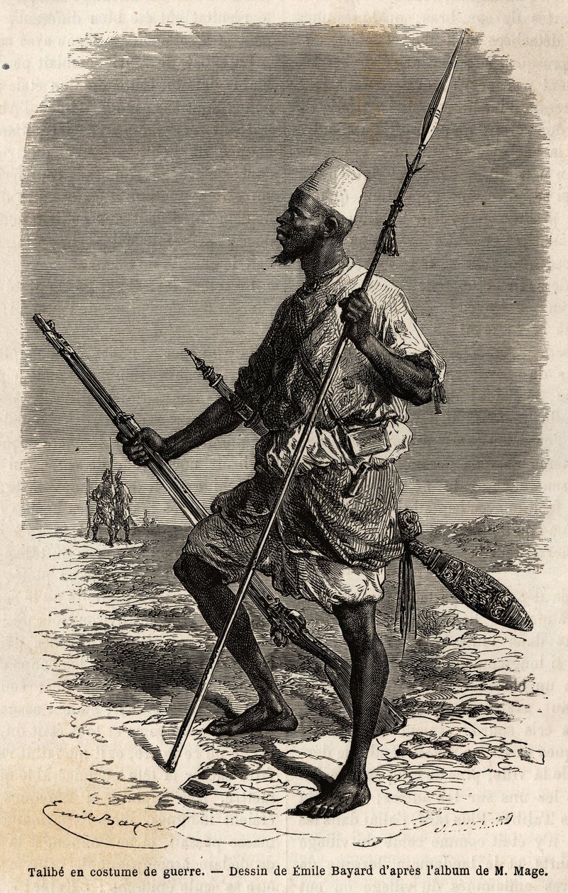Talibe (mladý student studující Korán) z armády krále Ahmadua (Toucouleur), ve válečném obleku. Rytina pro ilustraci plavby poručíka (námořnictva) M. Mage do západního Súdánu v letech 1863-1866, publikovaná v „Le tour du monde, nouveau journal des voyage od Unknown artist
