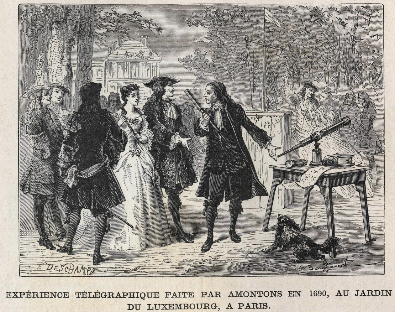 Telegrafický experiment, který provedl Guillaume Amontons v roce 1690, v Lucemburské zahradě, Paříž, rytina 19. století. Kolekce Bianchetti od Unknown artist