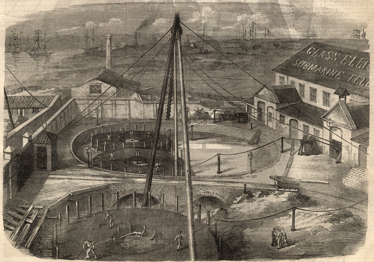 Telegrafie: Transatlantický kabel vyrobený ve sklárně Elliot and Company v East Greenwich (Anglie) je připraven k dodání. Rytina do „“The Illustrated London News““ ze 14. března od Unknown artist