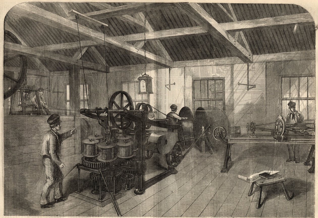 Telegrafie: výroba transatlantického kabelu v závodě Glass, Elliot and Company v East Greenwich (Anglie). Rytina do „“The Illustrated London News““ ze 14. března od Unknown artist