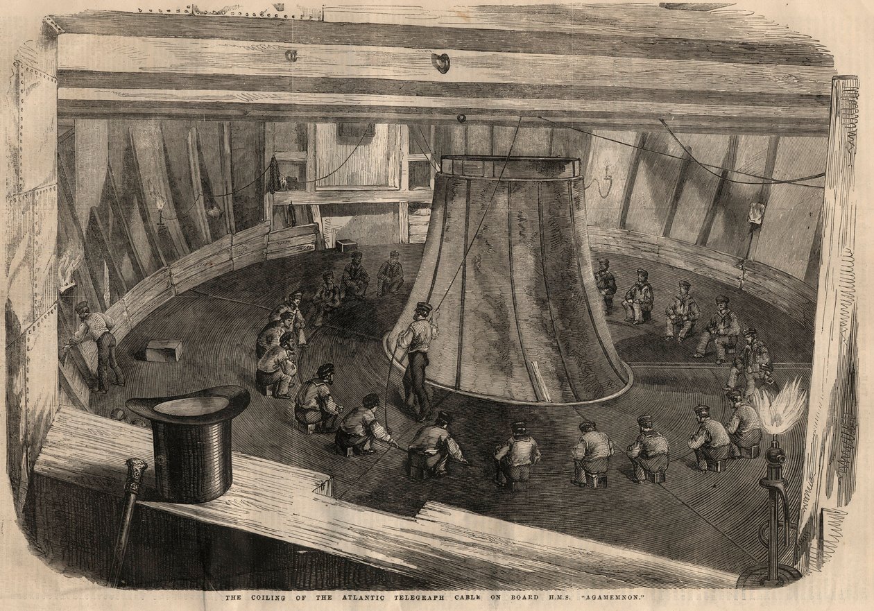 Telegrafie: navíjení transatlantického kabelu na palubě lodi H.M.S. ""Agamemnon""". Rytina do „“ The illustrated London News““ z 1. srpna od Unknown artist