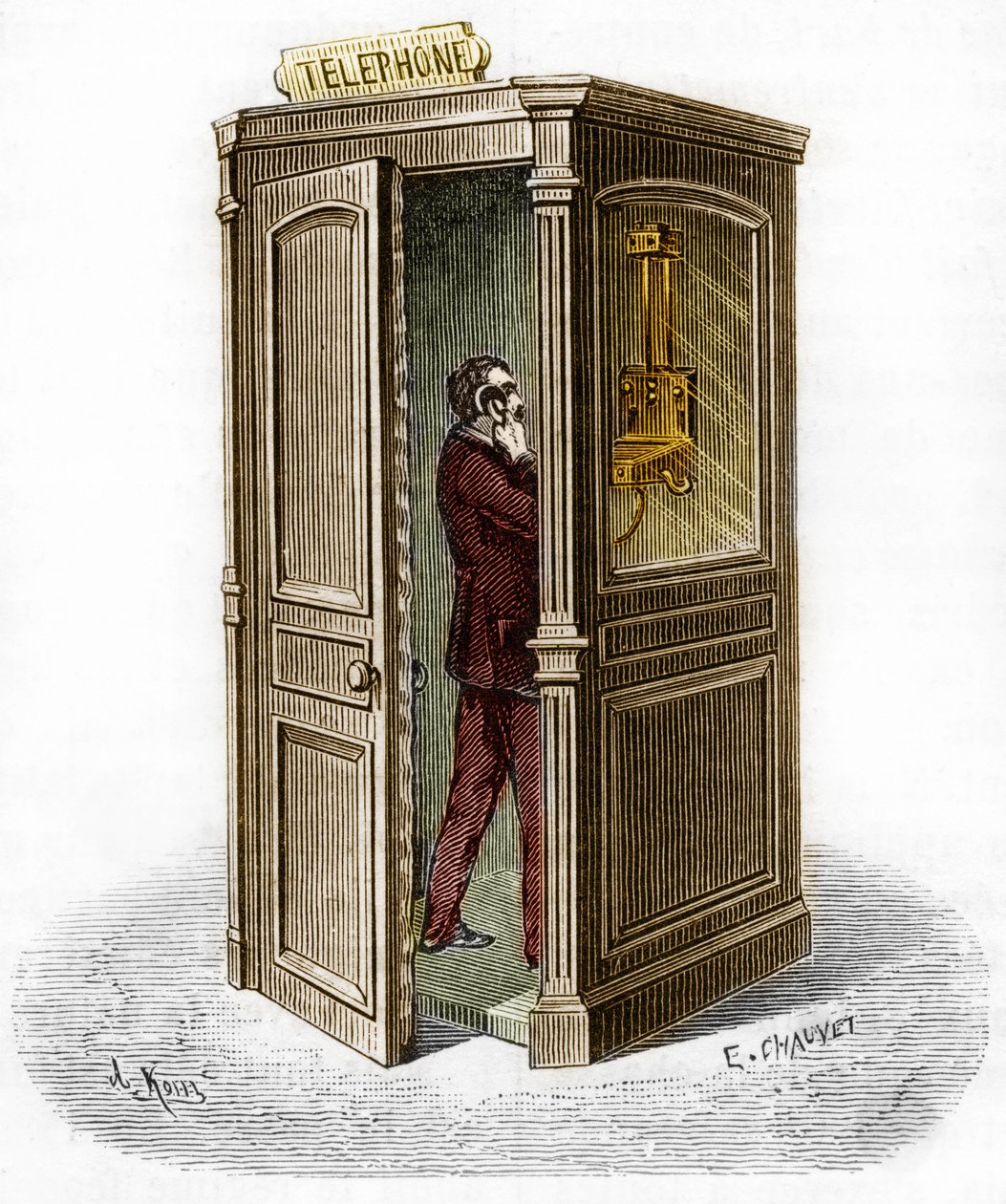 Telefonní budka v roce 1888. Rytina v „The Journal of Youth“ od Unknown artist