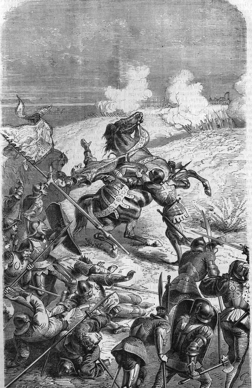 75letý veterán John Talot byl přestřižen, aby vedl výpravu o 3000 mužích, která se 17. října 1452 debarkvovala v Guyenne. Rytina představující Talbotovu smrt v bitvě. Rytina 19. století. od Unknown artist