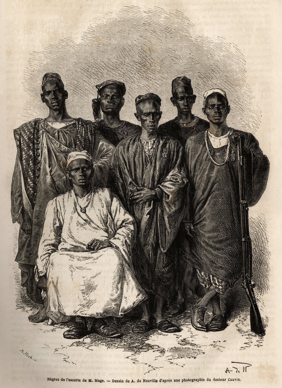 Africká eskorta mága, poručíka na lodi, vyslána na misi do Nigeru. Rytina k ilustraci příběhu o plavbě poručíka Mage v západním Súdánu v letech 1863 až 1866, publikovaná v „Le tour du monde, nouveau journal des voyages“, editoval E. od Unknown artist