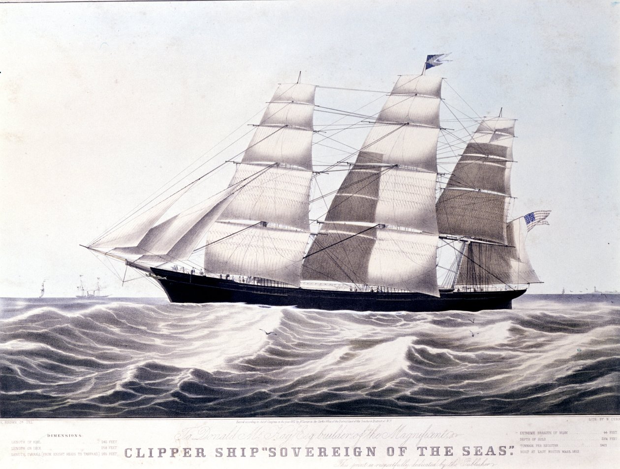 Americký kliper Sovereign of the Sea kolem roku 1852. Litografie z 19. století od Unknown artist