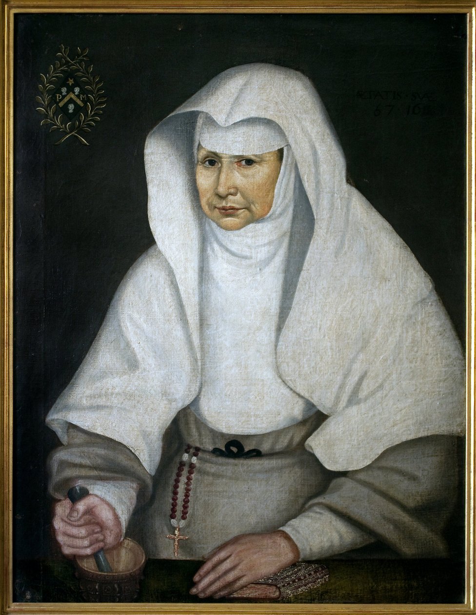 Sestra lékárnice Pierrette Monnet (1557-1628), z hotelu Dieu de Beaune. Zastoupen s hmoždířem a jeho paličkou má jeho ruku. Anonymní obraz, olej na plátně od Unknown artist