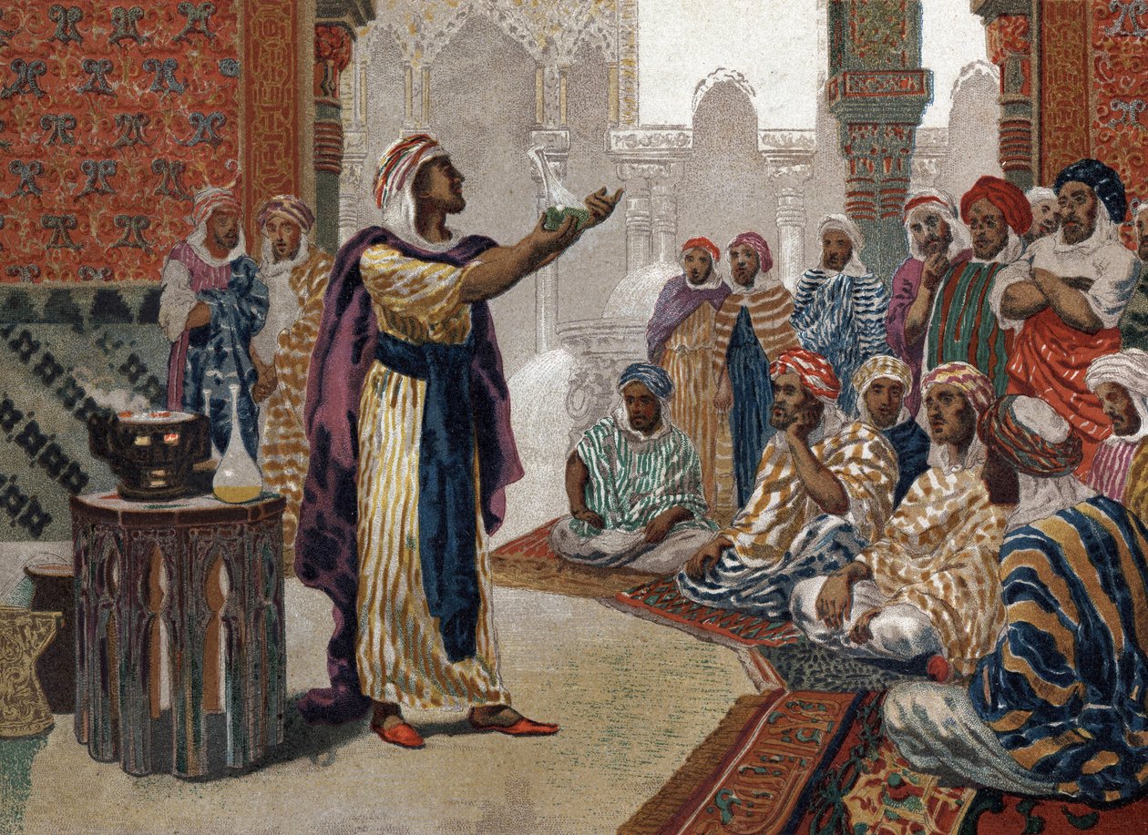 Arabský alchymista Geber (Jâbir ibn Hayyan) (v721-v815), einching chemie. Barcelona 1881 od Unknown artist