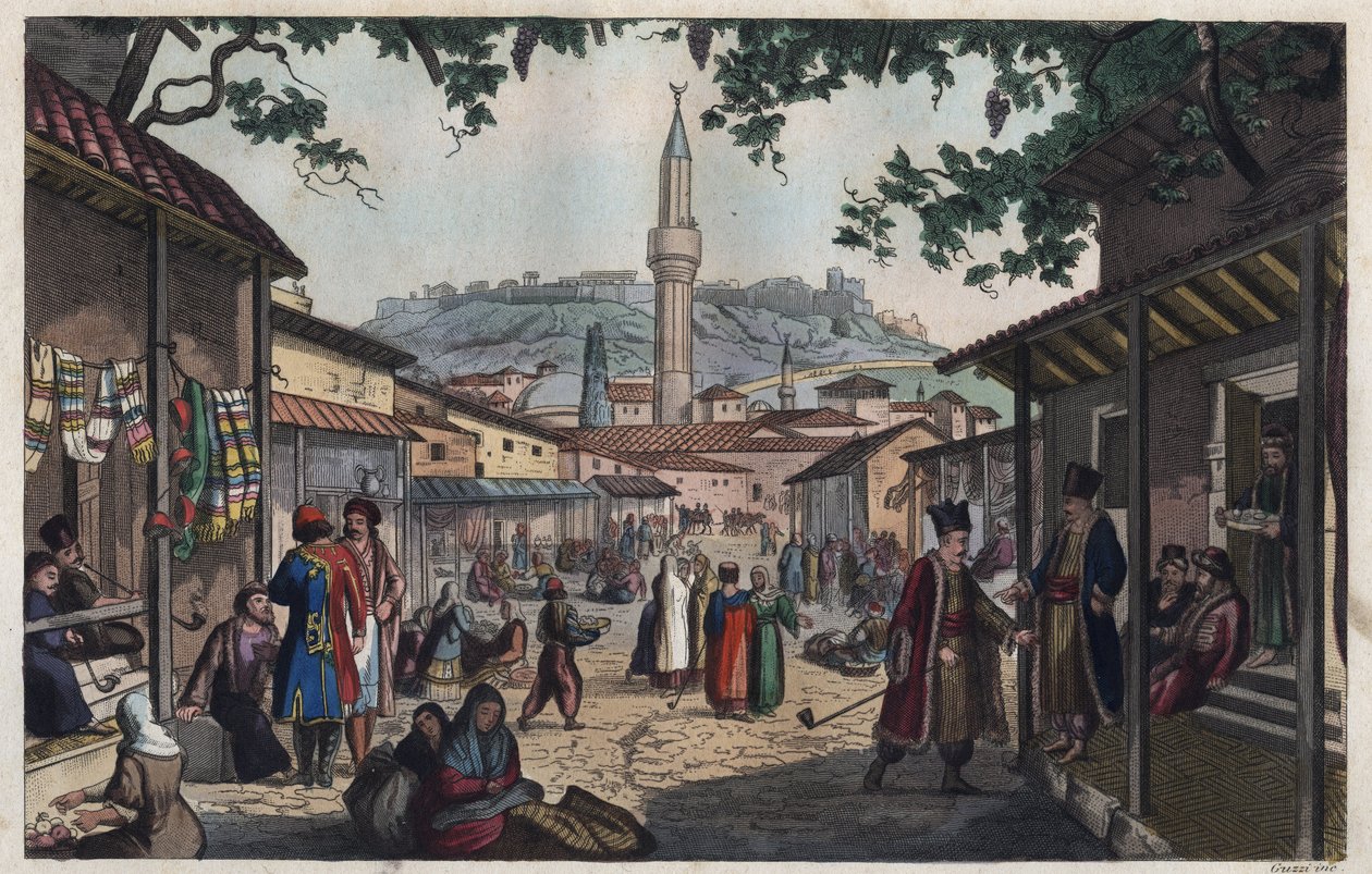 Athénský bazarový trh na počátku 19. století - Le marche bazar d