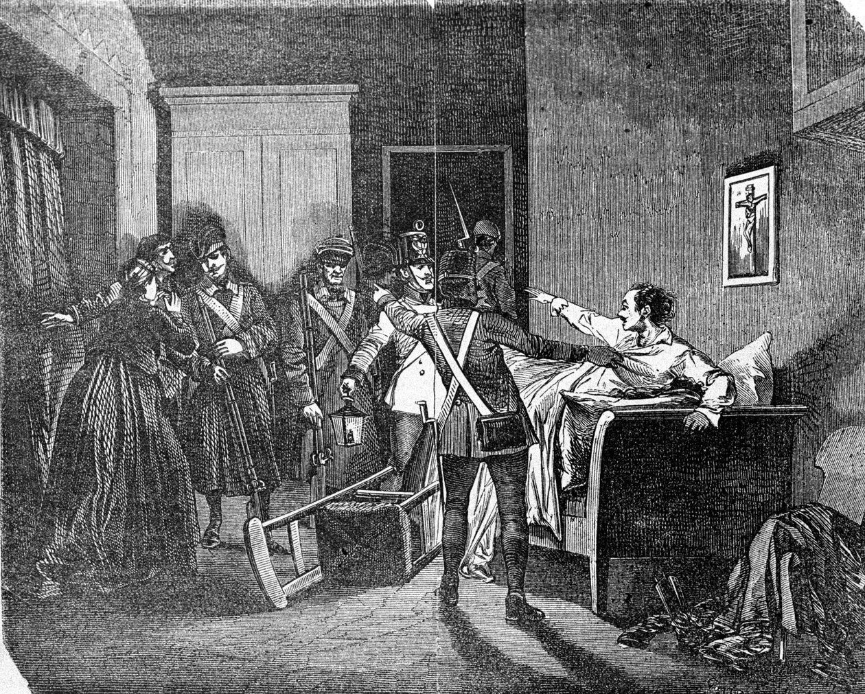 Rakousko-uherská policie zatkla carbonaro (carboneria, uhelný průmysl), člena tajné politické společnosti. Rytina 19. století. od Unknown artist