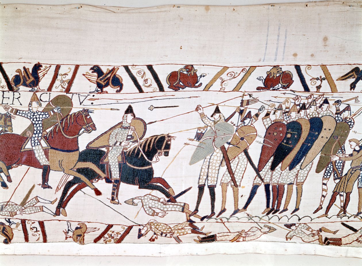 Bitva u Hastings, kterou vyhrál Vilém I. Dobyvatel (1027 - 1087) 14. 10. 1066 a během níž zemřel anglický král Harold II. (1022 - 1066). Tapisérie z Bayeux, známá jako Výšivka královny Mathildy od Unknown artist