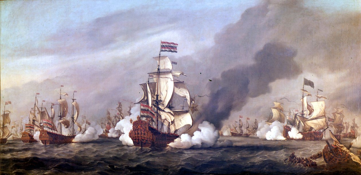 Bitva čtyř dnů od 11. do 14. června 1666 během druhé anglo-nizozemské války. Olejomalba. od Unknown artist