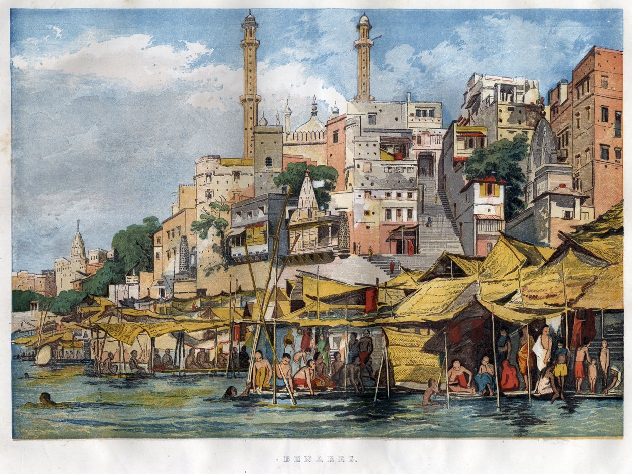 Benares ghat v Indii (dnešní Vanarasi) (ghát označující schody, které pokrývají břehy řek a břehy pánví a nádrží, které umožňují sestup v kontaktu s vodou). Rytina z roku 1857. od Unknown artist