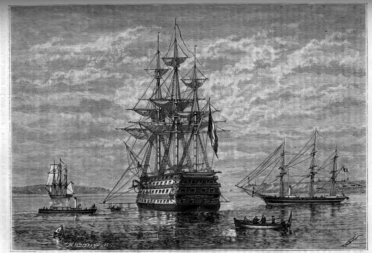 „Borda““ a jeho přílohy „Janus“ a „Bougainville““. Rytina v „Le journal de la jeunesse““ od Unknown artist