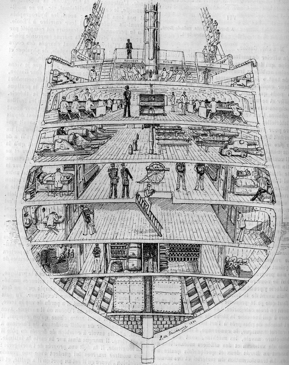 „Borda“: průřez lodí. Kresba M. L. de Saussure. Rytina do „The Journal of Youth““ od Unknown artist