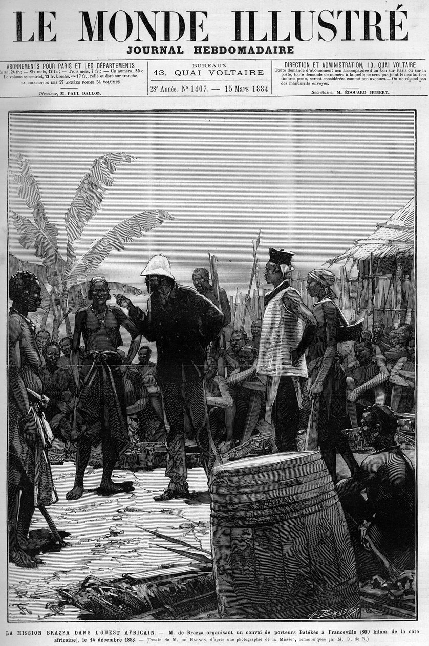 Mise Brazza v západní Africe: Pietro Paolo Savorgnan di Brazza nebo Pierre Paul Francois Camille Savorgnan de Brazza (1852-1905) organizující konvoj nosičů Batekes do Franceville (Gabon) 14. prosince od Unknown artist
