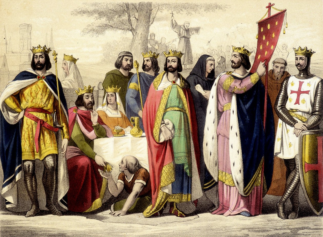 Kapetovci v letech 987 až 1137. Hugues Capet, Robert 1er Constance, Philippe 1er, Louis VI a Louis VII. Rytina 19. století. od Unknown artist
