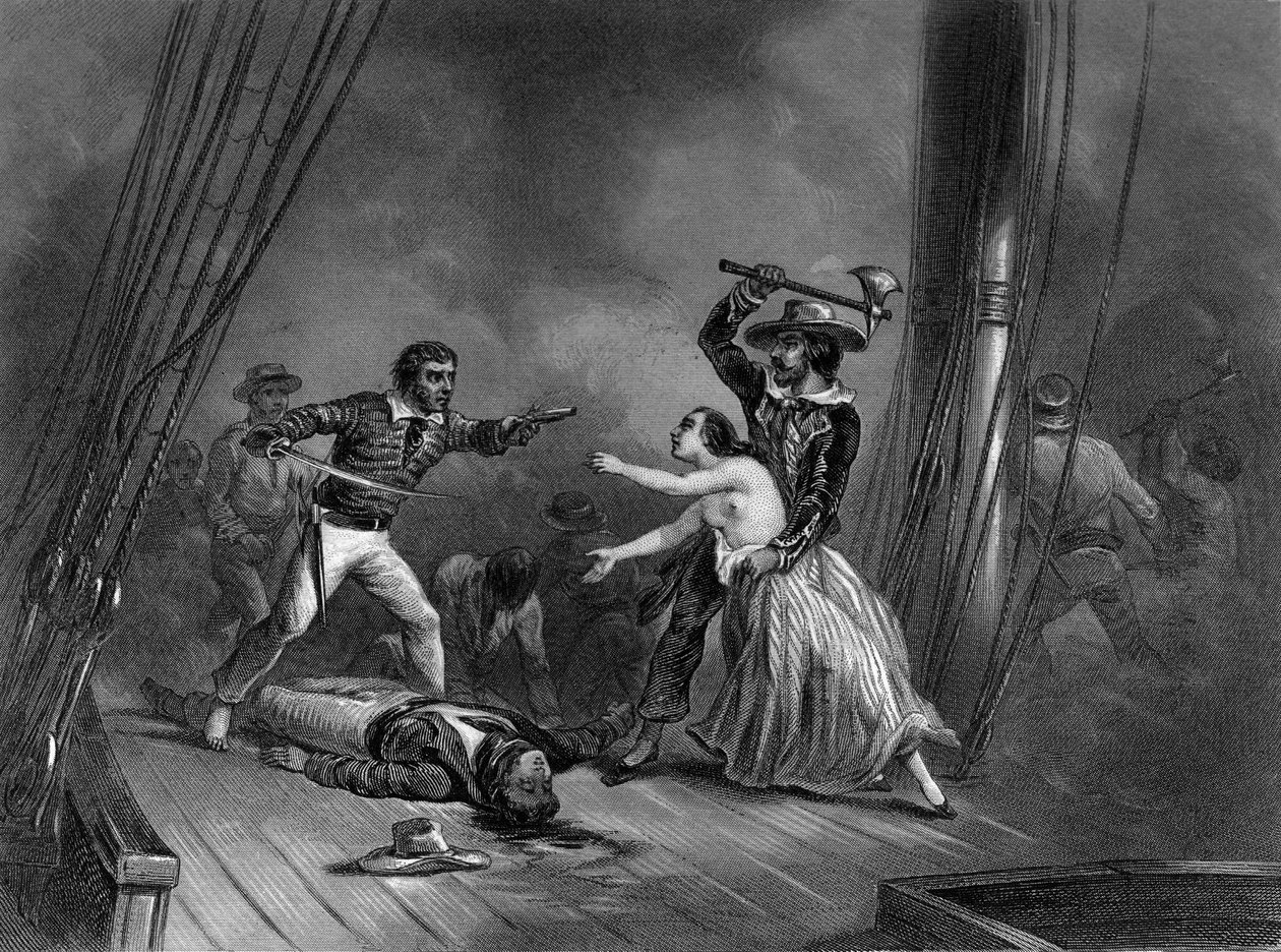 Karibský pirát Morgan unese krásnou Španělku. v „Obecné historii námořnictva“ od Van Tenaca od Unknown artist