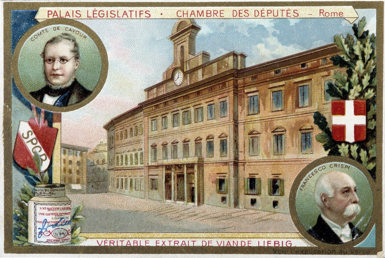 Poslanecká sněmovna v Římě (Itálie), s portréty hraběte Camilla Benso de Cavour (1810-1861) a Francesca Crispiho (1819-1901) - Liebigova chromolitografie od Unknown artist