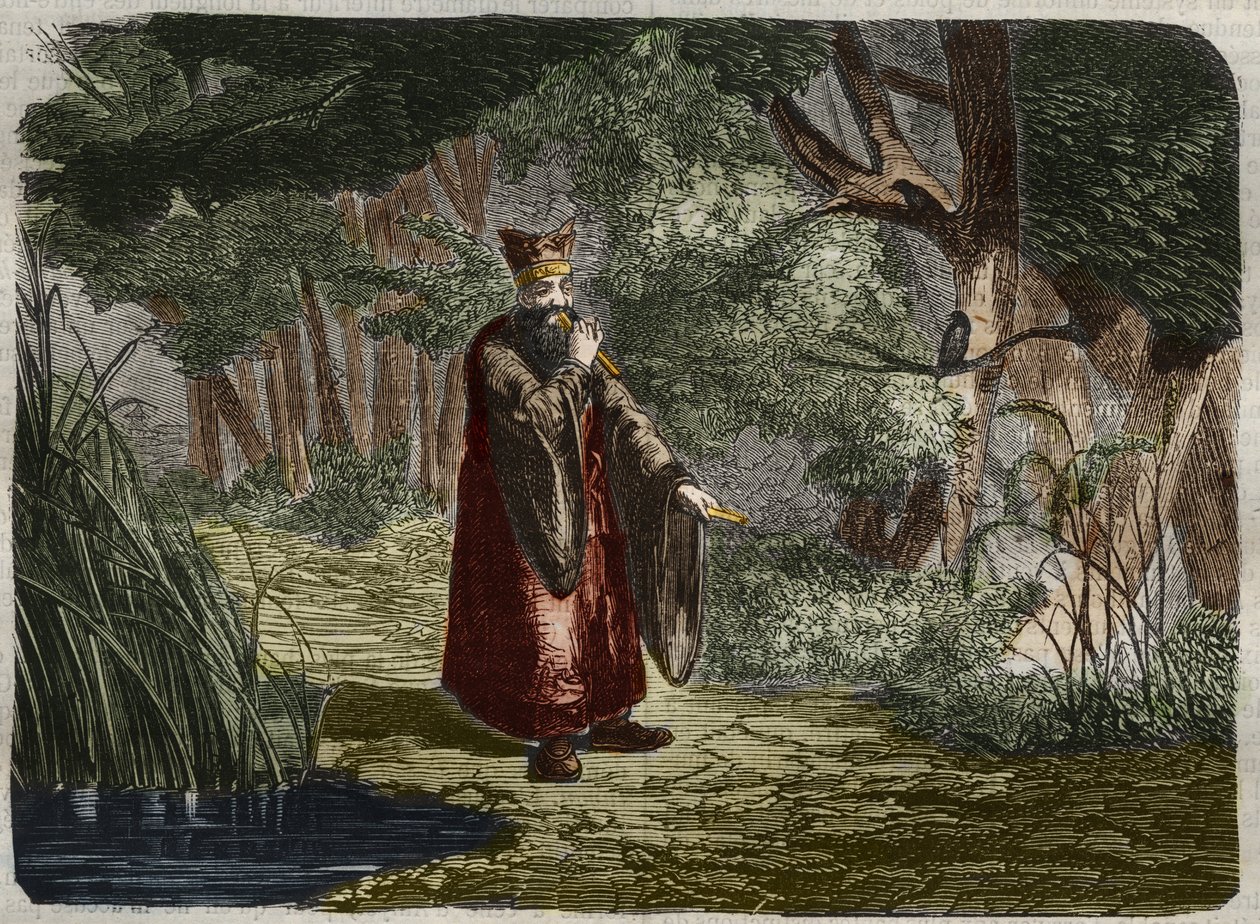 Číňan Ling Mon (Ling-lun) (Lihng-lewn) objevuje ladění foukáním do stonku bambusu. 27. století před naším letopočtem. Rytina z roku 1859 v „“Le Musee Des Sciences““ od Unknown artist
