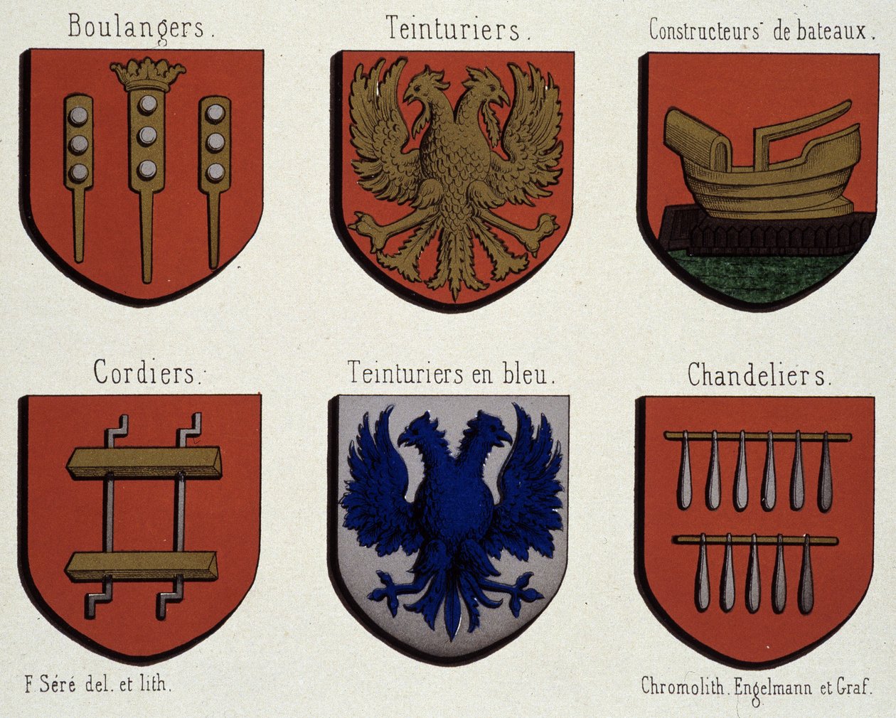 Erby Gentu (ukázka erbů středověku): Pekaři, barvíři, stavitelé lodí, kordieráři, modří barvíři, lustry od Unknown artist